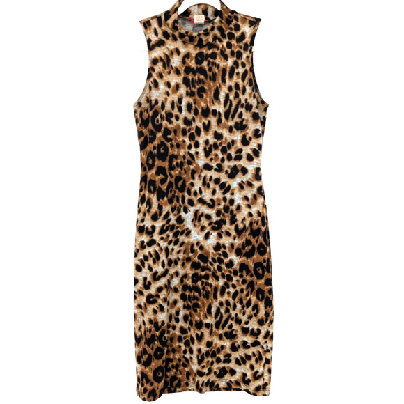 VTG Y2K Baddie Mobwife High Neck Sleeveless Bodycon Leopard Knit Midi Dress MD - Picture 1 of 8